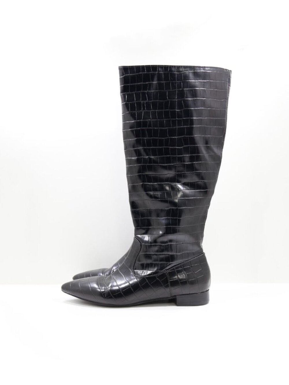 JustFab Sienna Black Faux Leather Wide Calf Flat Knee High Riding Boots - 9.5